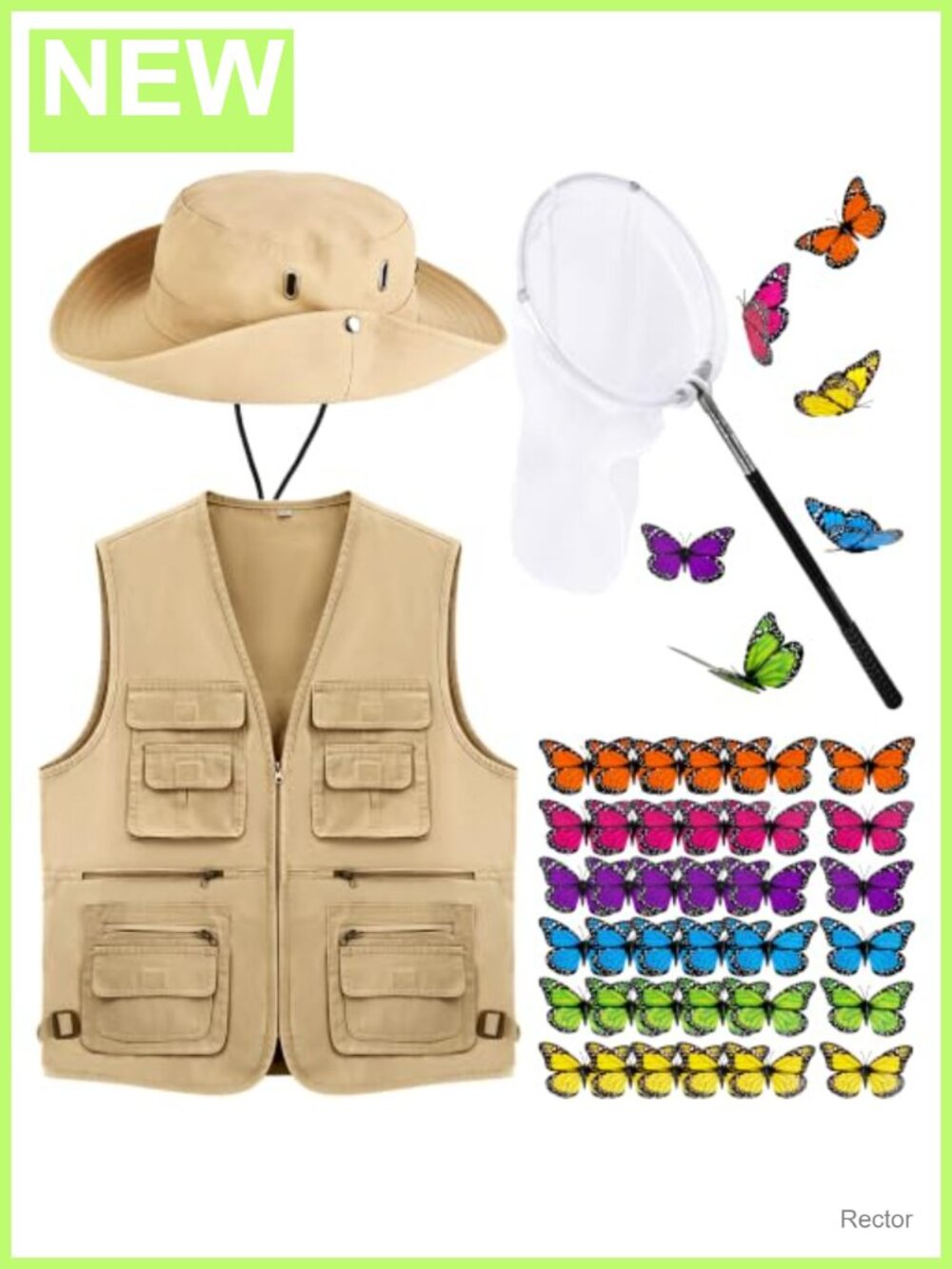 Butterfly Catcher Halloween Costume Accessory Set with Net, Bucket Hat, Vest